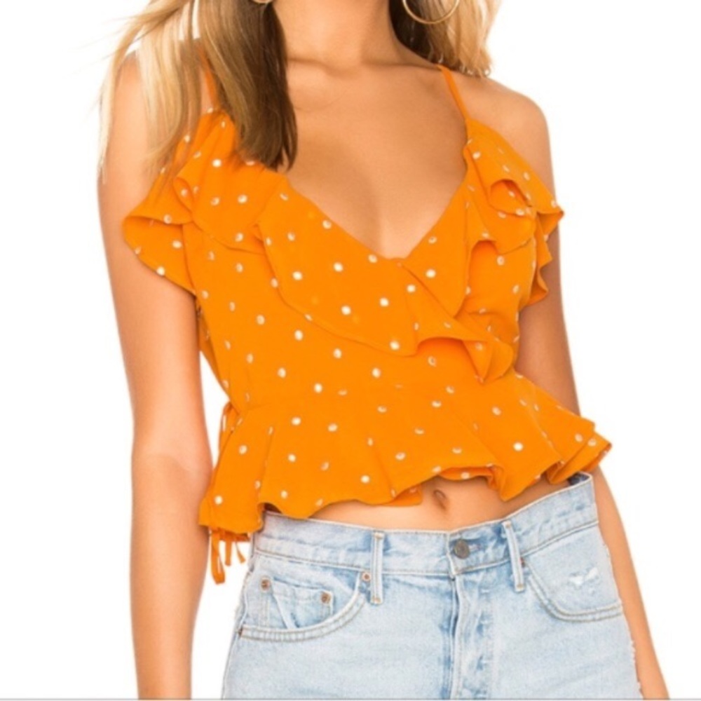 PRIVACY PLEASE 🍊Orange and white  polka dot wrap top